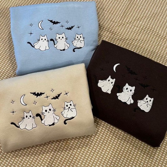 3 Ghost Cats Embroidered Halloween Sweatshirt