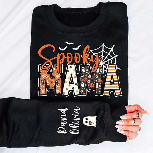 Spooky Mama-Halloween Mama Sweatshirt with Kids Name on Sleeve