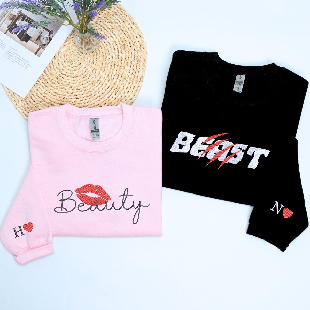 Beauty and Beast Sweatshirt or Hoodie, Custom Embroidered Gift for Couples Valentine Day