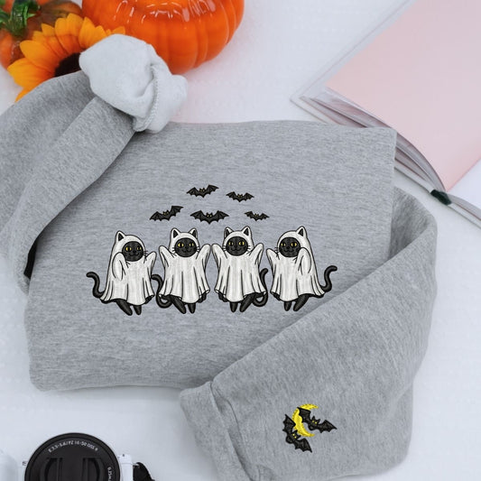 Cat Ghost Halloween Hoodie - Pet Lover Embroidered Sweatshirt - Perfect Cat Mom Halloween Gift