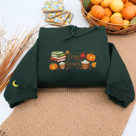 Cozy Season Book Lover Hoodies - Fall Reading Pumpkin Spice Embroidered Sweatshirts - Perfect Bookish Gift