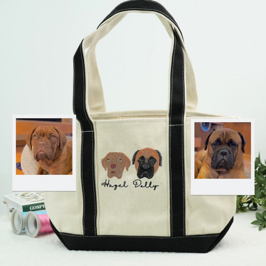 Custom Doodle Portrait Tote Bags - Dog Face Embroidered Canvas Bag - Precious Pet Memorial Gift