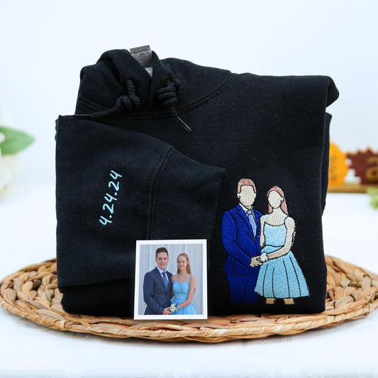 Custom Full Color Embroidered Couple Portrait Hoodie – Personalized Sweatshirt from Your Photo with Custom Date – Engagement or Anniversary Gift
