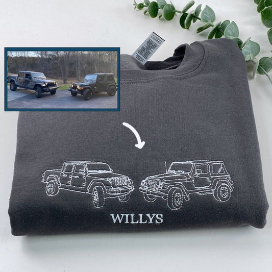 Custom Car Line Art Embroidered Sweatshirts - Minimalist Vehicle Portrait Hoodies - Modern Car Enthusiast Gift