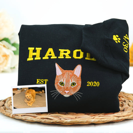 Custom Cat Portrait Varsity Hoodies - Pet Name Embroidered Sweatshirts - Personalized Cat Lover Gift