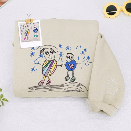 Custom Child Family Drawing Embroidered Sweatshirts - Kids Artwork to Embroidery Hoodies - Perfect Family Keepsake
