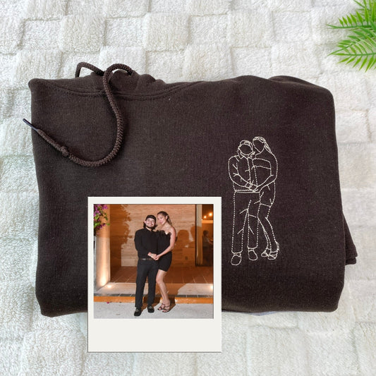 Custom Couple Art Hoodies - Photo Line Drawing Embroidered Sweatshirts - Wedding Gift