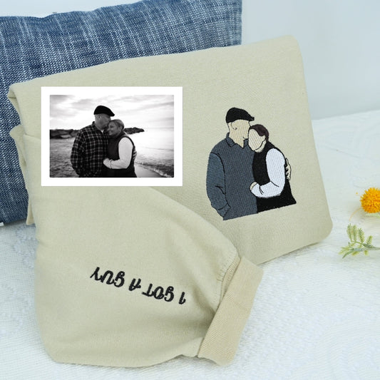 Custom Couple Portrait Hoodies - Photo to Embroidery Sweatshirts - Personalized Matching Anniversary Gift