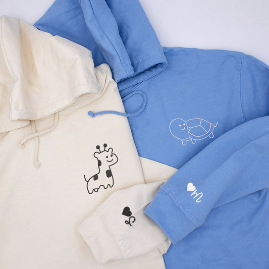 Custom Embroidered Giraffe and Turtle Matching Hoodies for Couples