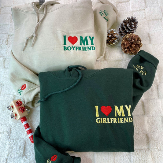 Custom Embroidered I Love My Boyfriend/ Girlfriend Matching Hoodies for Couples