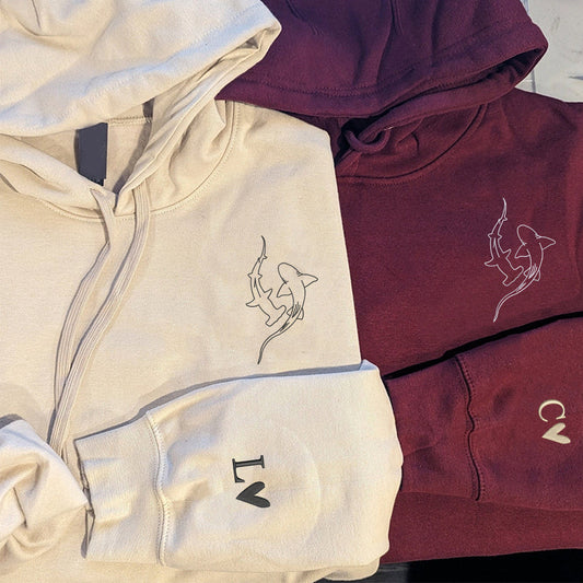 Custom Embroidered Shark Love Matching Hoodies for Couples