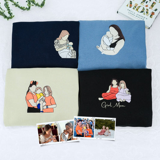 Custom Family Portrait Embroidered Sweatshirts - Photo to Embroidery Mom Hoodies - Perfect Mother's Gift