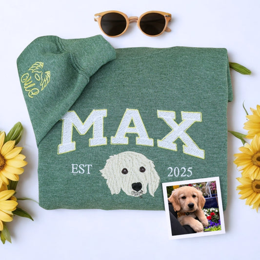 Custom Pet Name Hoodies - Dog Portrait Varsity Style Embroidered Sweatshirts - Dog Lover Gift