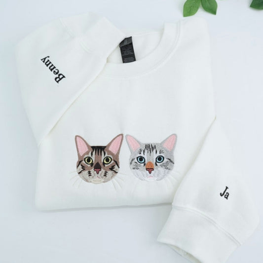 Custom Pet Portrait Hoodies from Photo - Cat Face Embroidered Sweatshirts - Premium Pet Memorial Gift