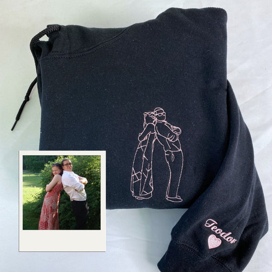Custom Photo Portrait Hoodies - Couple Line Art Embroidered Sweatshirts - Anniversary Gift