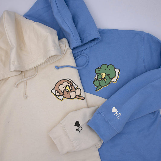 Cute Crocodile x Monkey Custom Embroidered Matching Hoodies For Couples