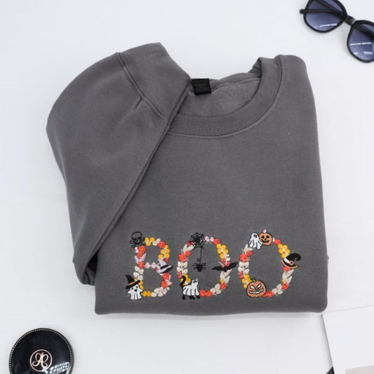 Halloween BOO Custom Sweatshirts - Floral Letter Embroidered Design - Elegant Halloween Apparel
