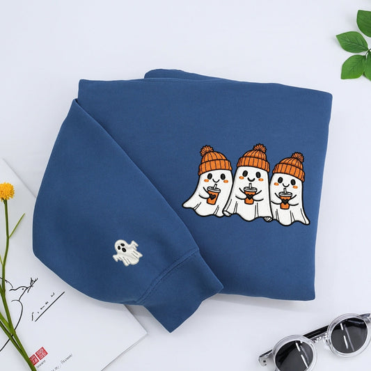 Halloween Coffee Ghost Hoodies - Cute Spooky Ghosts Coffee Lovers Embroidered Sweatshirts - Perfect Halloween Gift