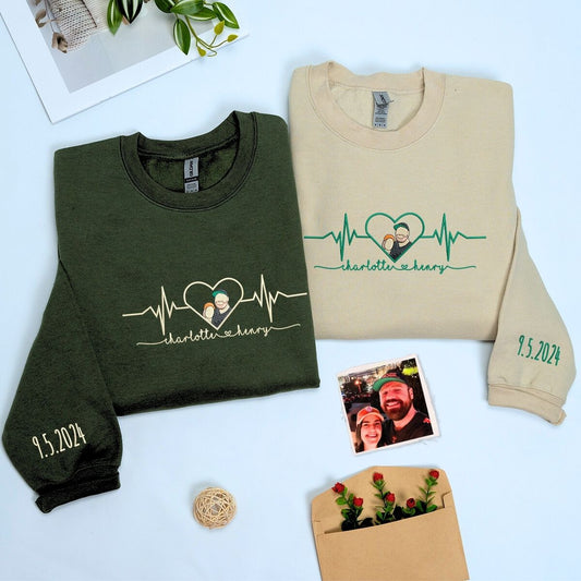 Heartbeat Hoodie or Sweatshirt, Custom Embroidered for Couples Gift with Roman Numeral, Your Photo, Est Year