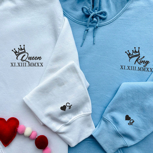 King x Queen Crown Custom Roman Numeral Matching Embroidered Hoodies For Couples