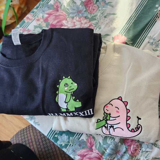 Lovely Couple Dinosaur Custom Roman Numeral Matching Embroidered Hoodies For Couples