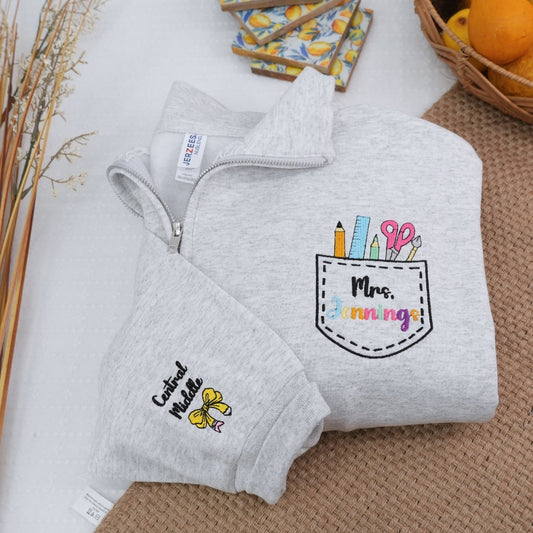 Mrs Teacher Custom Zip Up Hoodies - Female Educator Embroidered Sweatshirts - Perfect Teacher Gift