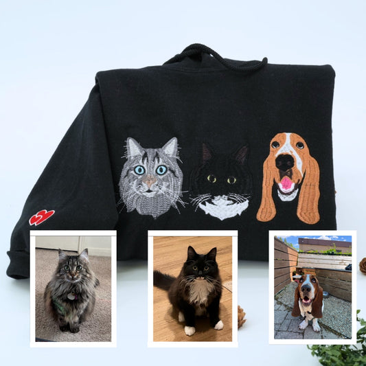 Multi Cat Portrait Hoodies - Custom Pet Face Embroidered Sweatshirts - Personalized Cat Family Gift
