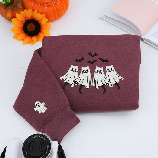 Spooky Cat Halloween Hoodie - Cat Ghost Embroidered Sweatshirt - Cat Parent Halloween Apparel
