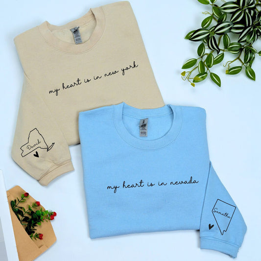 My Heart Is In Your State Sweatshirt or Hoodie with State Couple Map on Sleeve, Custom Embroidered for Long Distance Relationship Gift