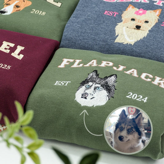 Varsity Pet Portrait Hoodies - Custom Dog Name Embroidered University Style Sweatshirts - College Pet Gift
