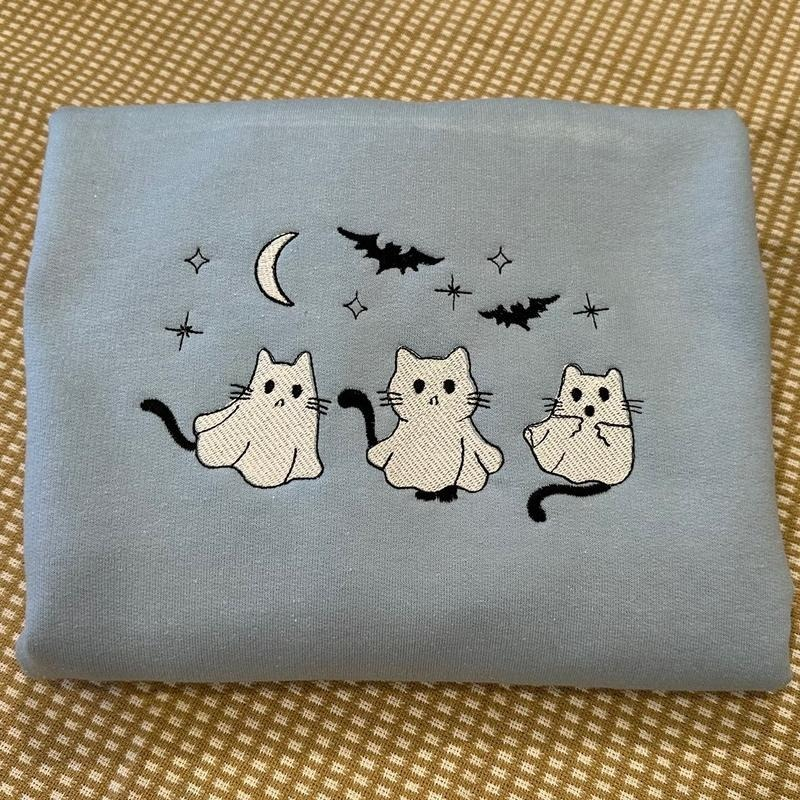 3 Ghost Cats Embroidered Halloween Sweatshirt