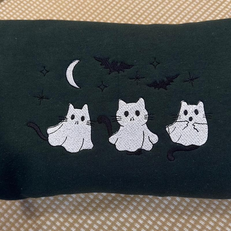 3 Ghost Cats Embroidered Halloween Sweatshirt