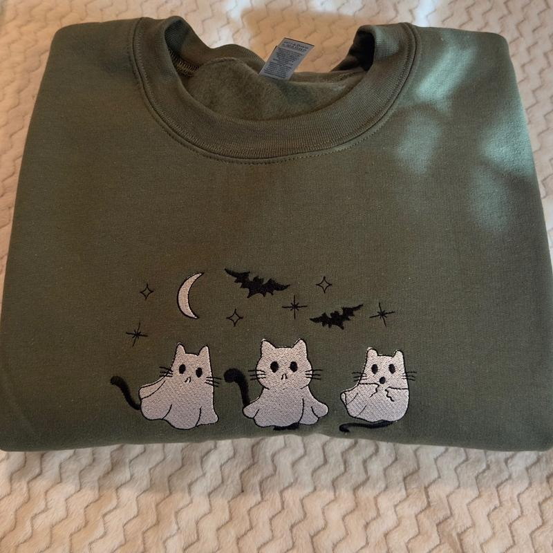 3 Ghost Cats Embroidered Halloween Sweatshirt