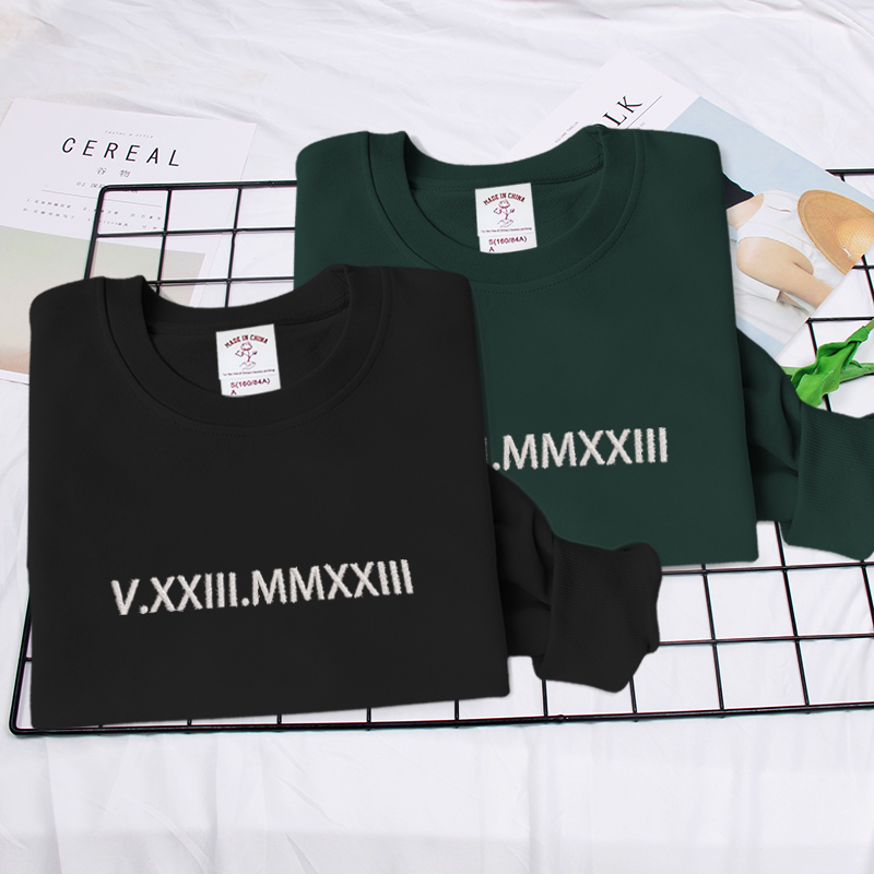 Signature Style: Bespoke Roman Numeral Embroidery on Cozy Sweatshirt