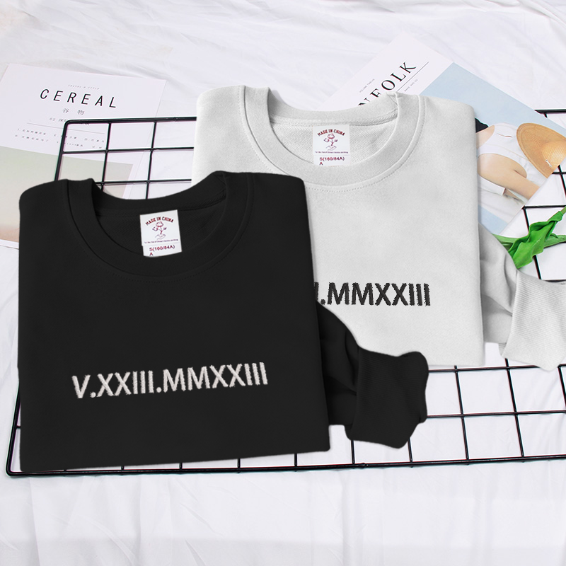 Signature Style: Bespoke Roman Numeral Embroidery on Cozy Sweatshirt