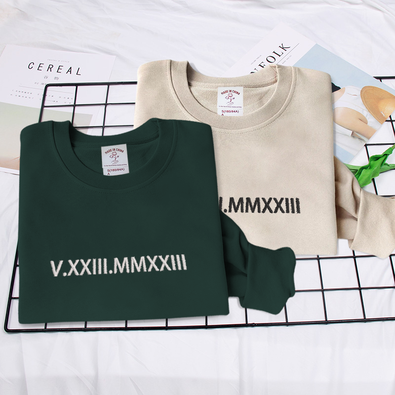 Signature Style: Bespoke Roman Numeral Embroidery on Cozy Sweatshirt