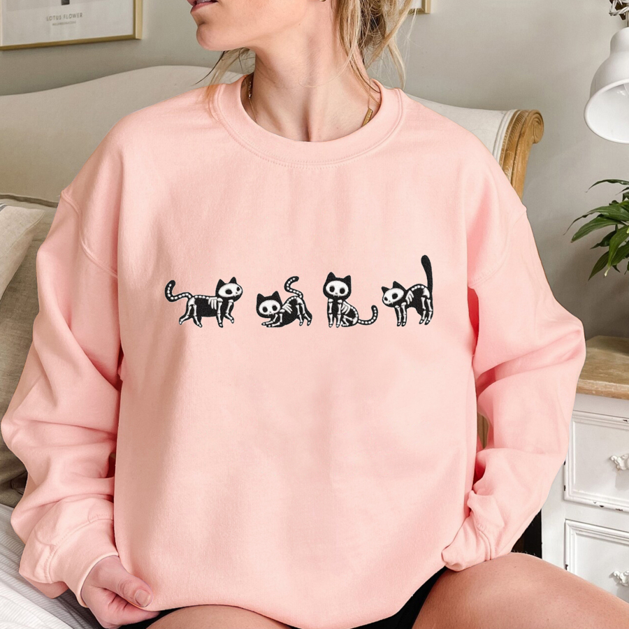 Skeleton Kitten Halloween Embroidered Sweatshirt