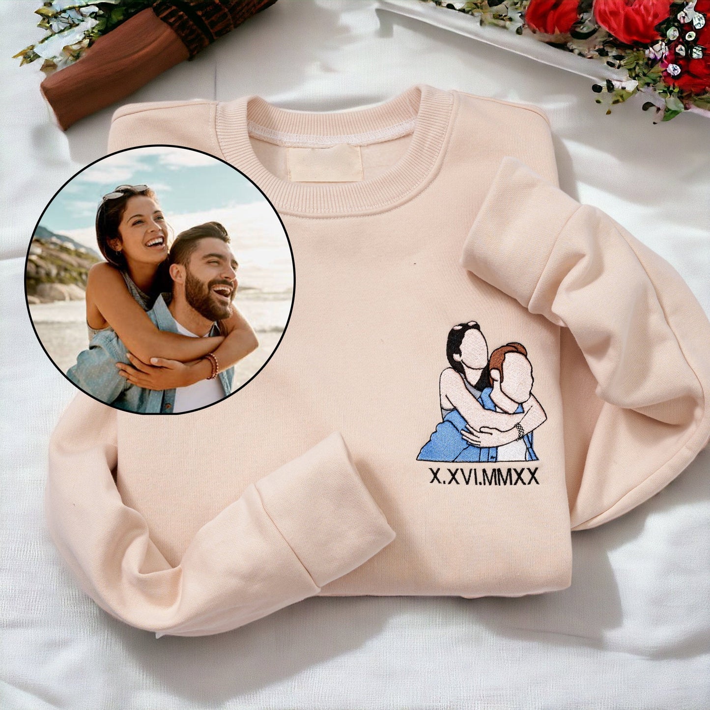 Custom Embroidered Sweatshirt Portrait Music Player Couple Valentine's Day Gift