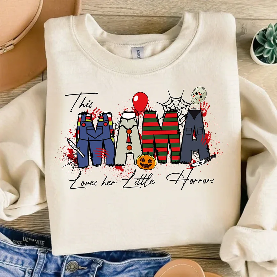 Personalized This Mama Loves Her Little Horrors Sweatshirt, Mama Shirt With Kids Name