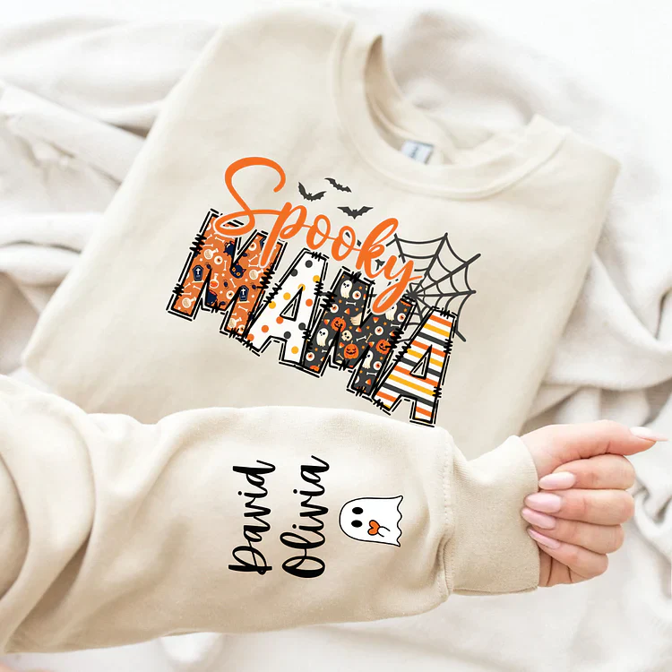 Spooky Mama-Halloween Mama Sweatshirt with Kids Name on Sleeve