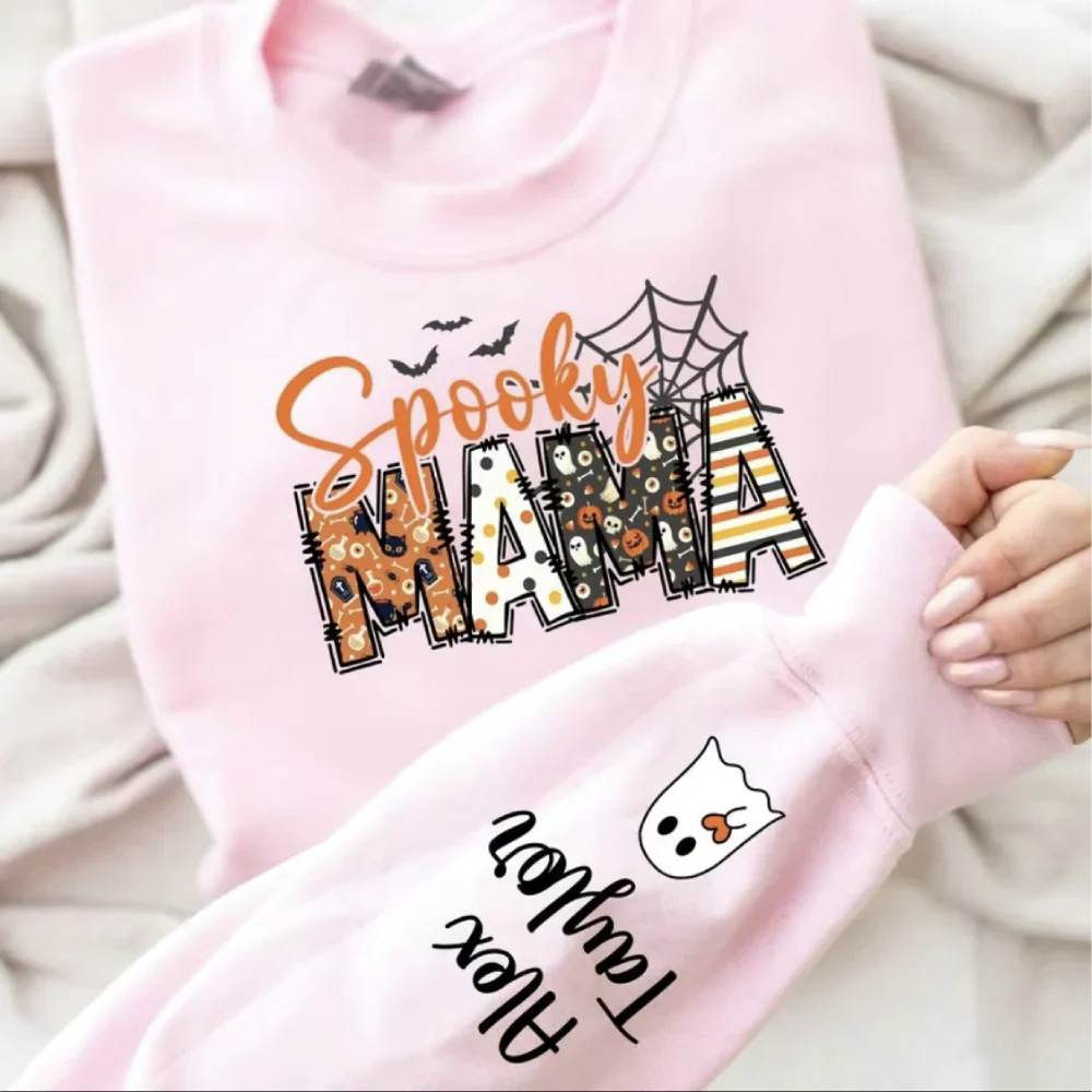 Spooky Mama-Halloween Mama Sweatshirt with Kids Name on Sleeve