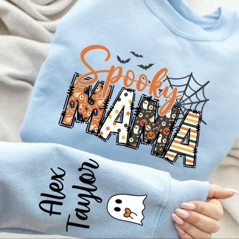Spooky Mama-Halloween Mama Sweatshirt with Kids Name on Sleeve