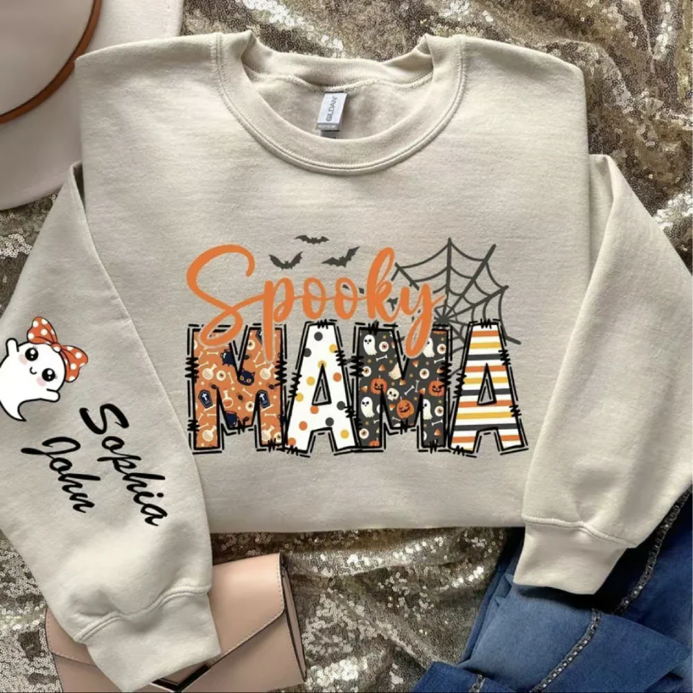 Spooky Mama-Halloween Mama Sweatshirt with Kids Name on Sleeve