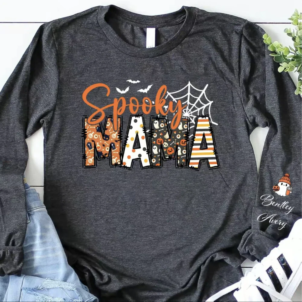 Spooky Mama-Halloween Mama Sweatshirt with Kids Name on Sleeve