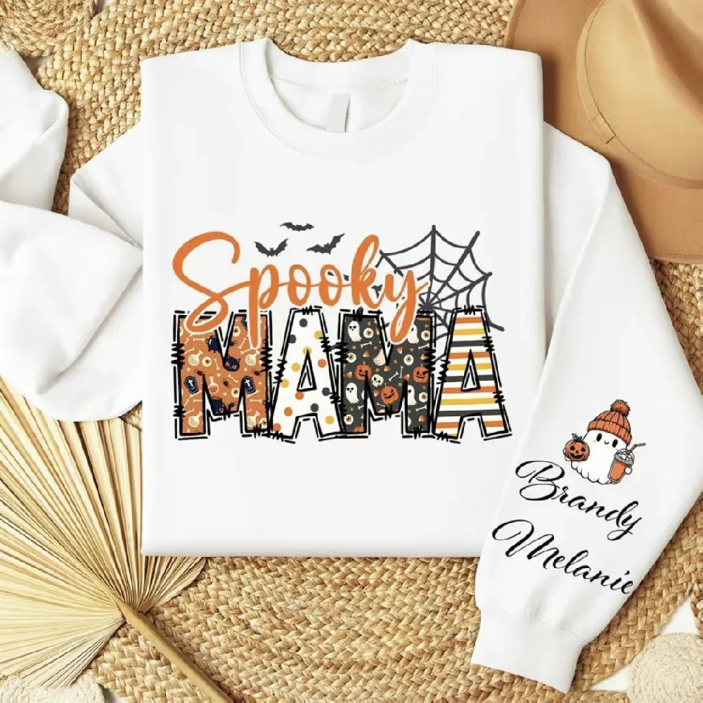 Spooky Mama-Halloween Mama Sweatshirt with Kids Name on Sleeve