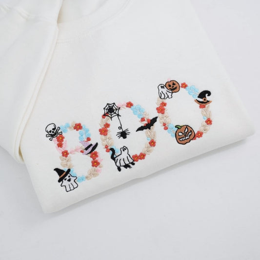 BOO Halloween Custom Hoodie - Embroidered Spooky Floral Design - Halloween Party Gift