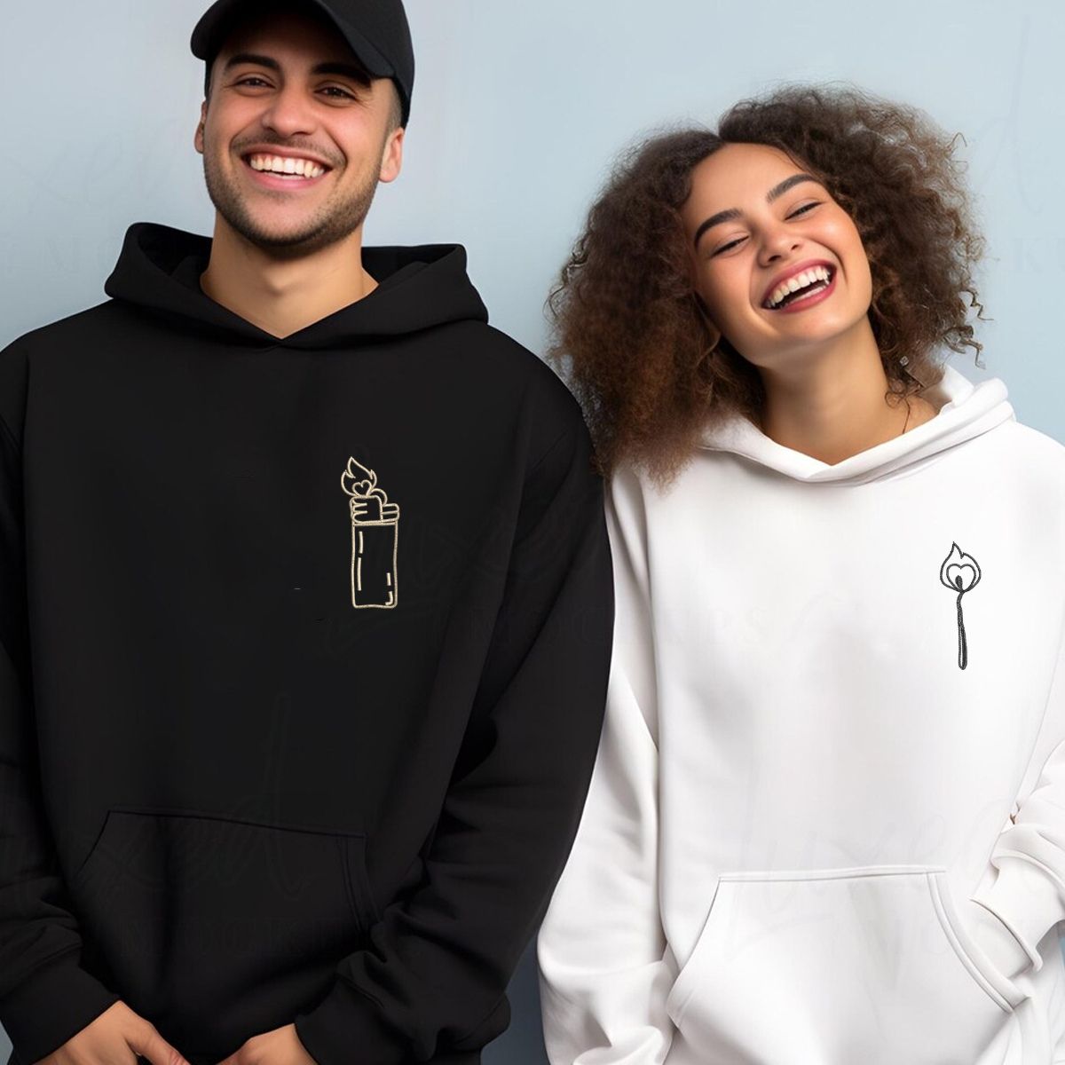 Custom Embroidered Lighter and Fire Matching Hoodies for Couples