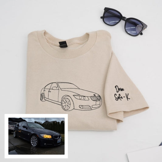 Car Outline Custom T-Shirt - Minimalist Auto Embroidered Shirt - Perfect Car Lover Gift