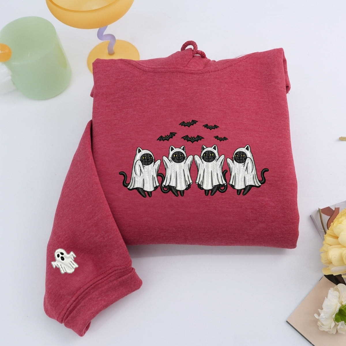 Cat Ghost Halloween Hoodie - Pet Lover Embroidered Sweatshirt - Perfect Cat Mom Halloween Gift