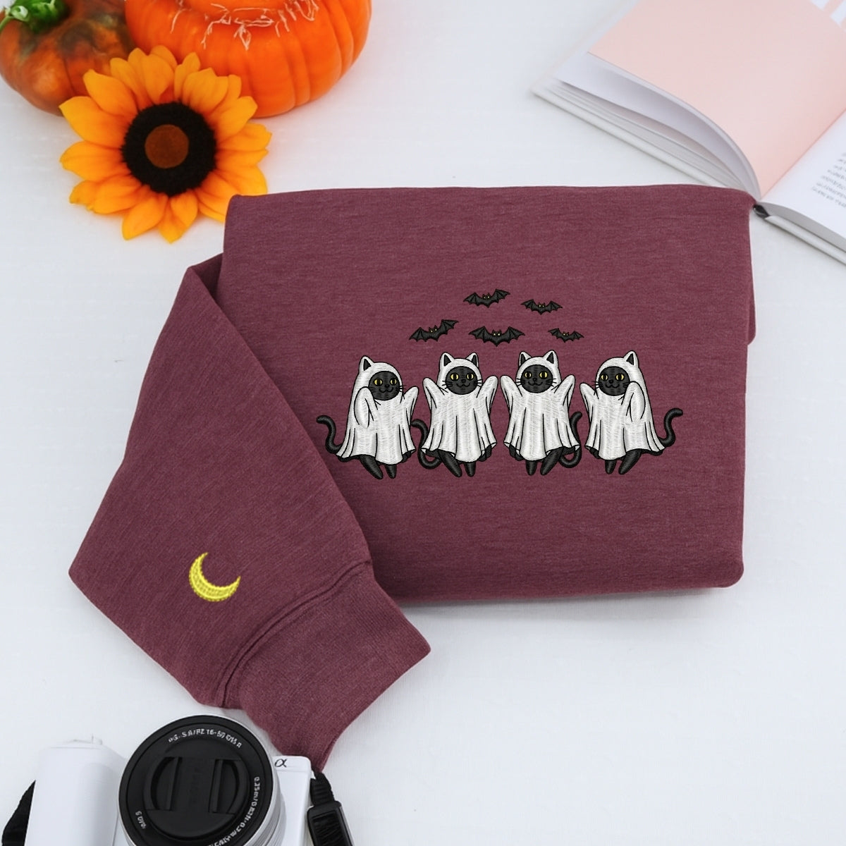 Cat Ghost Halloween Hoodie - Pet Lover Embroidered Sweatshirt - Perfect Cat Mom Halloween Gift